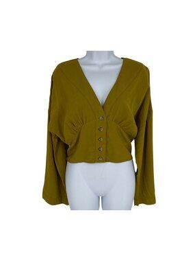 Free People Smocked Waist Button-Up Cropped Long-Sleeve Blouse Women's Size M